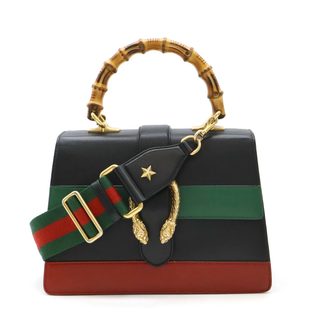 GUCCI Dionysus Bamboo Sherry 2way Shoulder Bag Tiger Head Leather Black